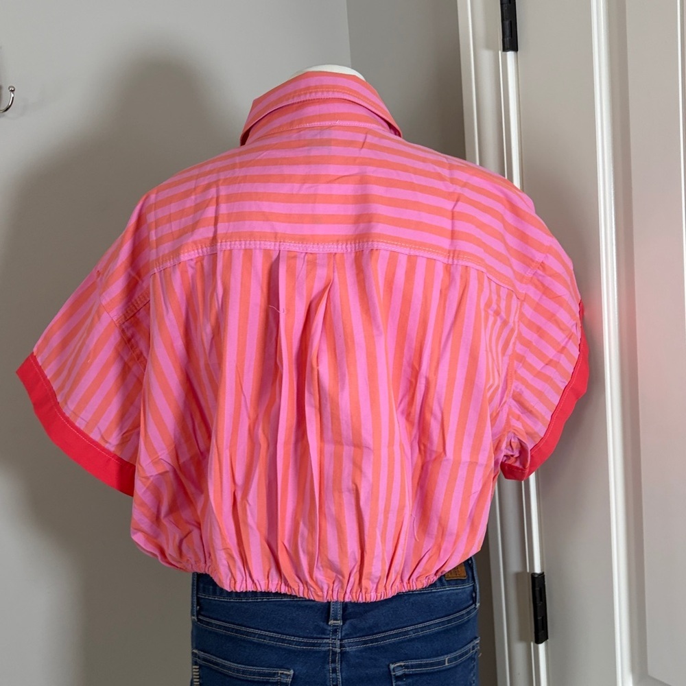 Anthropologie Maeve Short Sleeve Monogram Cropped Top Pink Rose Shirt Sz L NEW - Picture 8 of 13
